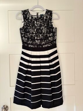 Black and White Lace Bodice Striped Skirt Dress